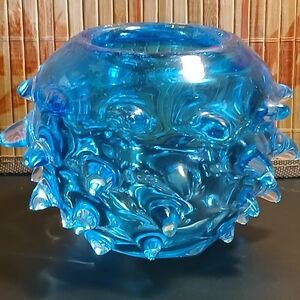 Hand Made Retro Spiked Blue Art Glass Vase Desk Top Collectors Solid Weighted 4"